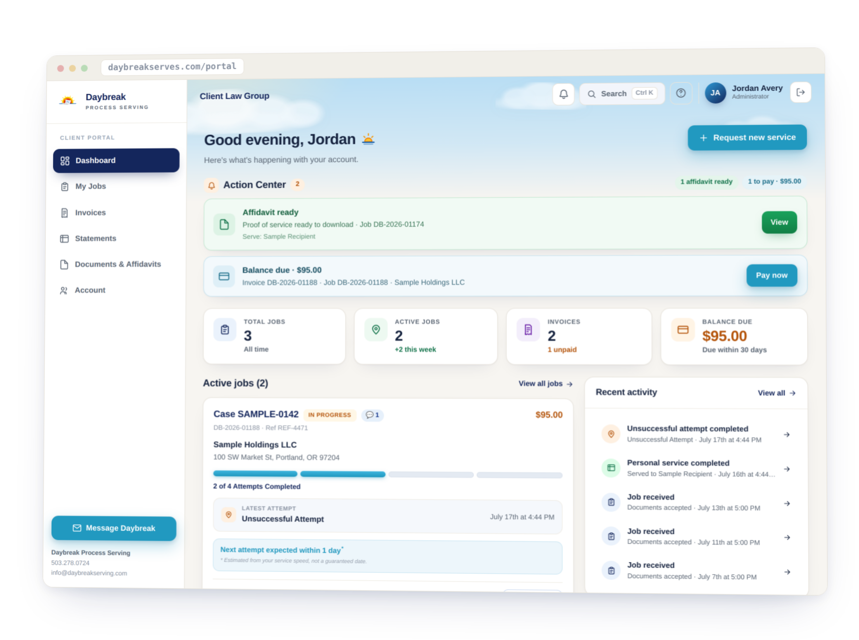 The Daybreak client portal showing live service tracking, an affidavit-ready alert, and account activity.